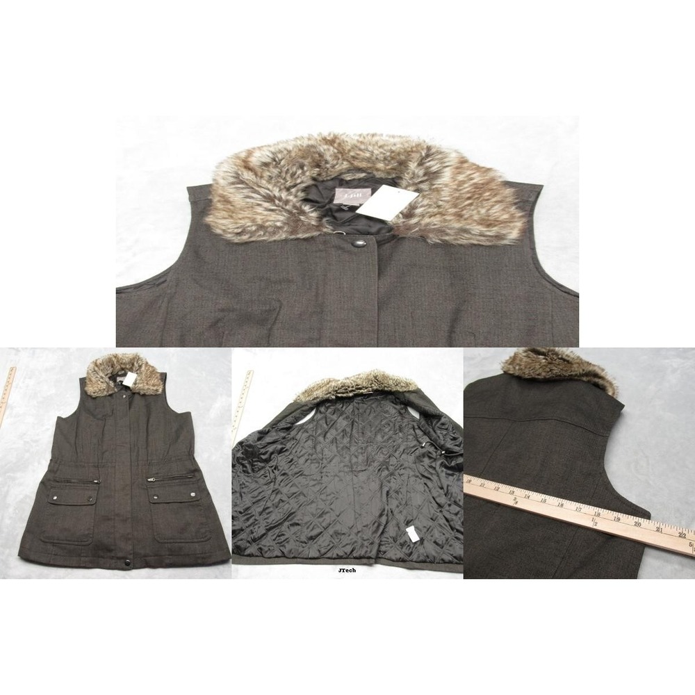 J Jill Vest Women Medium Brown Pockets Cinch Waist Faux Fur Collar Full Zip NEW